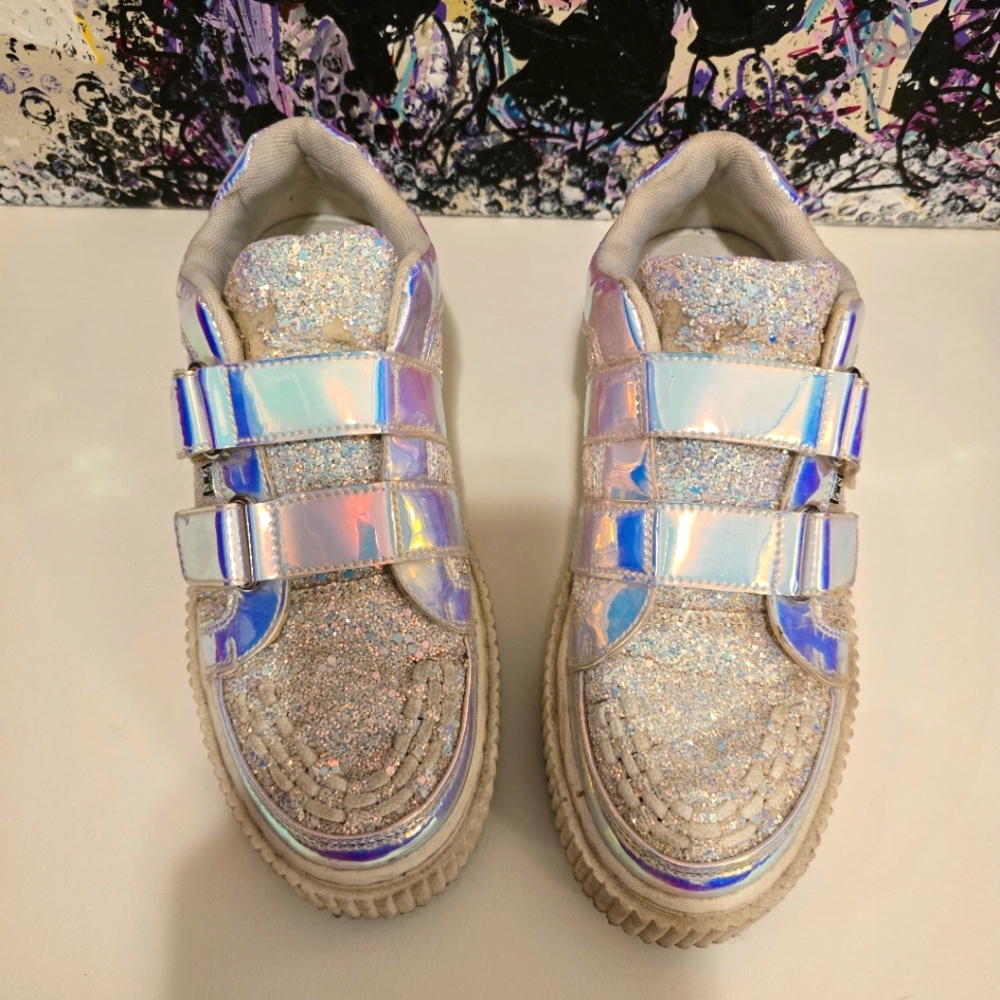 TUK White Glitter Creepers Sneakers 2 Velcro Straps Flat Platform Soles Size 10